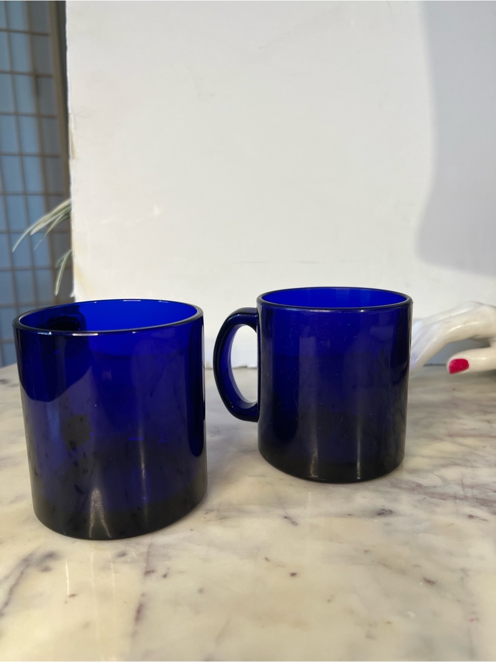Vintage Cobalt Blue Glass Coffee Mugs Set of 2 Made in USA Heavy